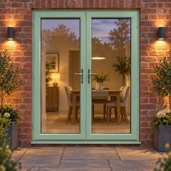 Chartwell Green uPVC French Doors lit up in the evening