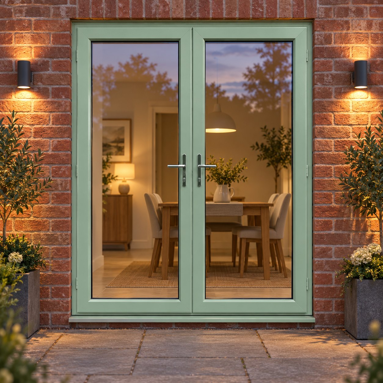 Chartwell Green uPVC French Doors lit up in the evening