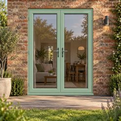 Chartwell Green uPVC French Doors opening onto garden decking