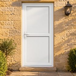 Full Flat Panel uPVC Single Door with Midrail on a stone house