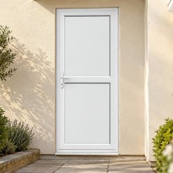 Full Flat Panel uPVC Single Door with Midrail on a rendered house
