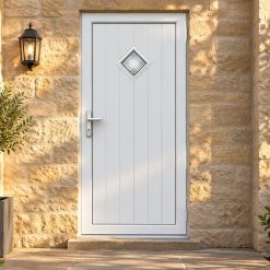 Full Panel Single Door – Woodrow Diamond Glazed on a stone house