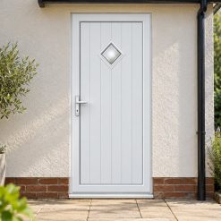 Full Panel Single Door – Woodrow Diamond Glazed by a garden path