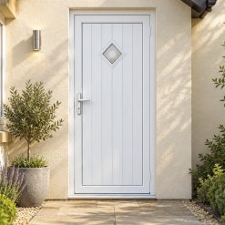 Full Panel Single Door – Woodrow Diamond Glazed on a rendered house