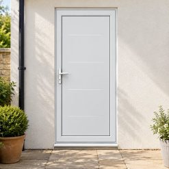 Full Panel uPVC Single Door – Flintmore Solid by a garden path
