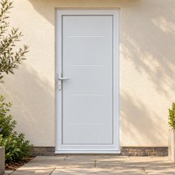 Full Panel uPVC Single Door – Flintmore Solid on a rendered house