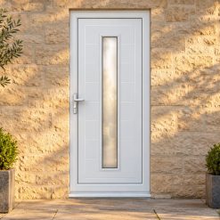 Full Panel uPVC Single Door – Lyndon Long Glazed on a stone house