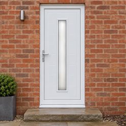 Full Panel uPVC Single Door – Lyndon Long Glazed on a red brick house