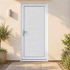 Full Panel uPVC Single Door – Lyndon Solid on a rendered house