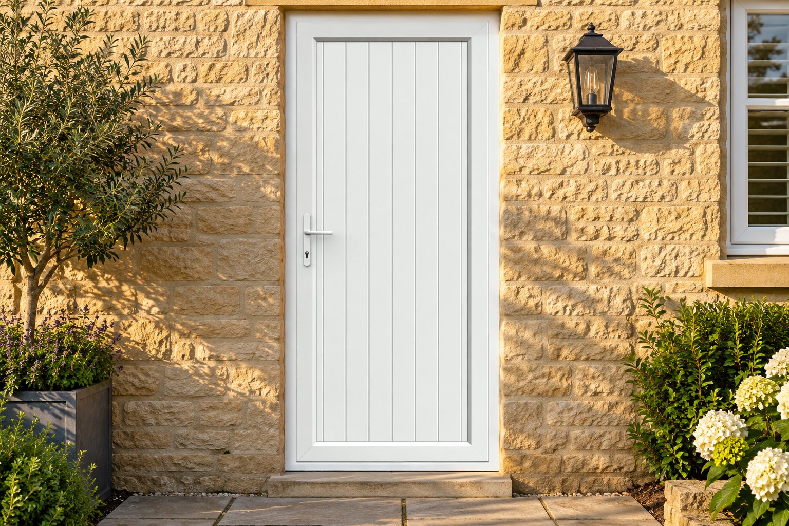 Full Panel uPVC Single Door – Tongue & Groove Panel on a stone house