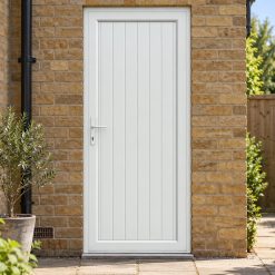 Full Panel uPVC Single Door – Tongue & Groove Panel by a garden path