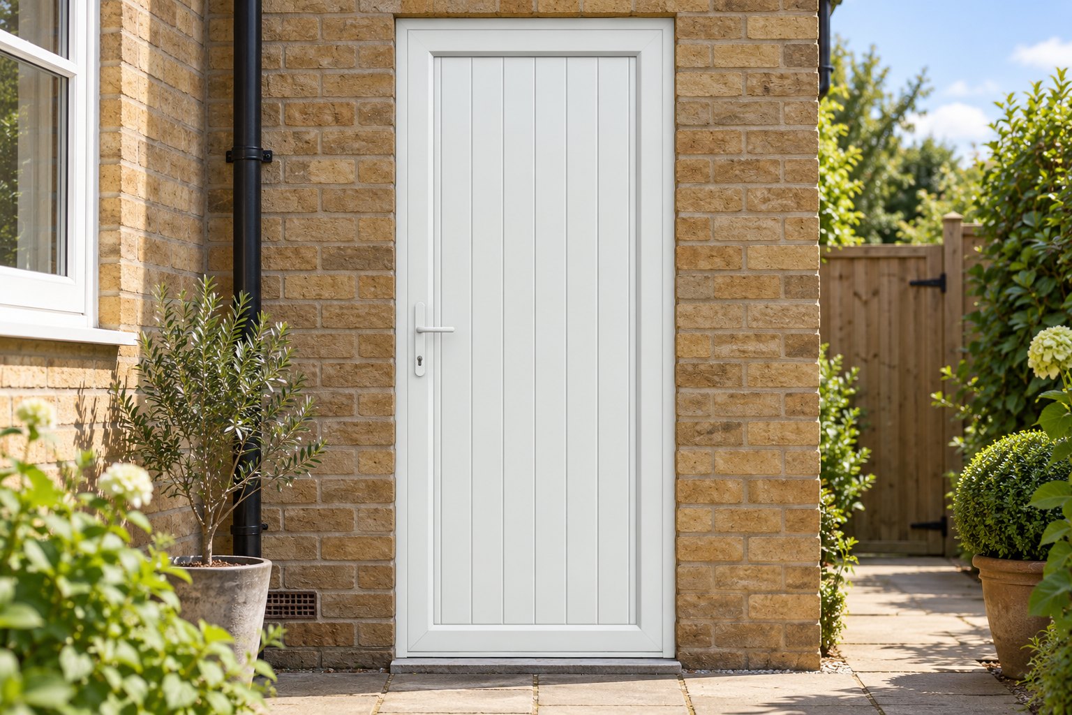 Full Panel uPVC Single Door – Tongue & Groove Panel by a garden path