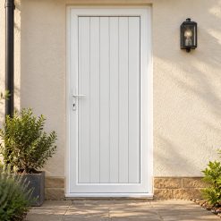 Full Panel uPVC Single Door – Tongue & Groove Panel on a rendered house