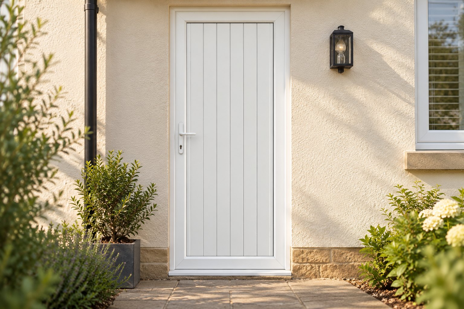 Full Panel uPVC Single Door – Tongue & Groove Panel on a rendered house