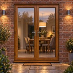 Golden Oak uPVC French Doors lit up in the evening