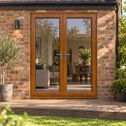 Golden Oak uPVC French Doors opening onto garden decking