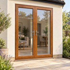 Golden Oak uPVC French Doors on a rendered house