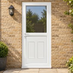 Half Glazed uPVC Single Door – Clinton Panel by a garden path
