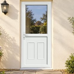 Half Glazed uPVC Single Door – Clinton Panel on a rendered house