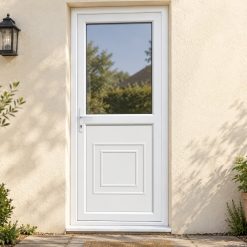 Half Glazed uPVC Single Door – Reagan Panel on a rendered house