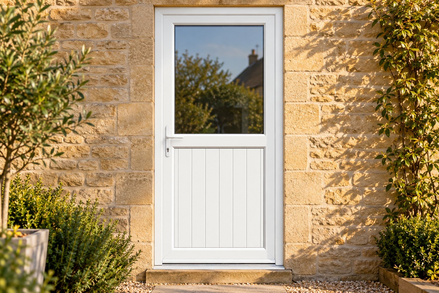 Half Glazed uPVC Single Door – Tongue & Groove Panel on a stone house