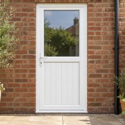 Half Glazed uPVC Single Door – Tongue & Groove Panel by a garden path