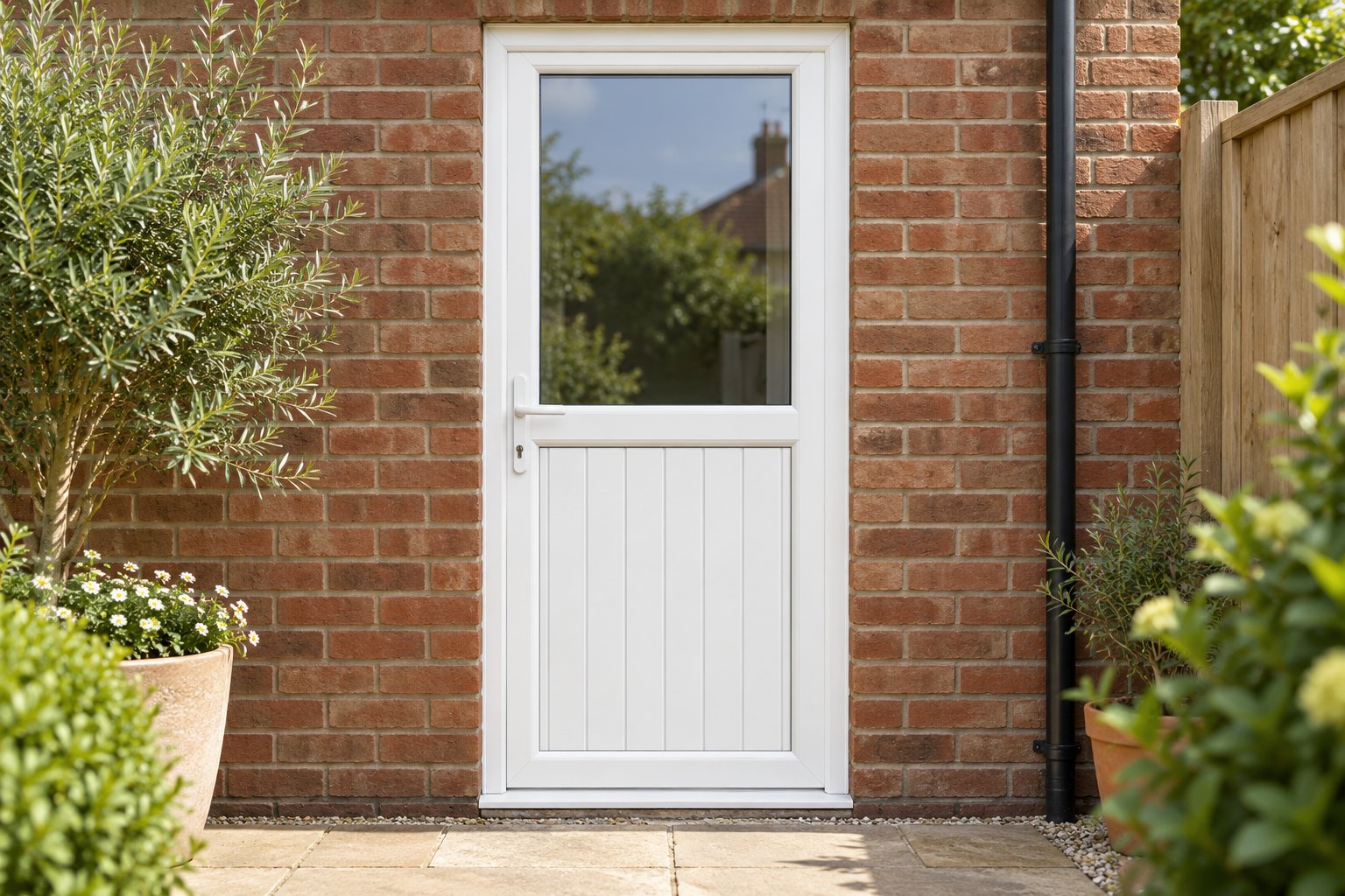 Half Glazed uPVC Single Door – Tongue & Groove Panel by a garden path