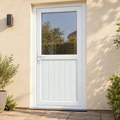 Half Glazed uPVC Single Door – Tongue & Groove Panel on a rendered house