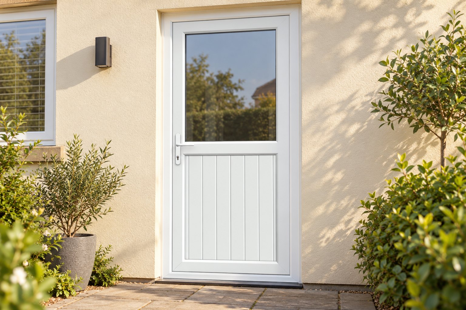 Half Glazed uPVC Single Door – Tongue & Groove Panel on a rendered house