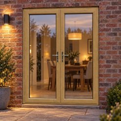 Irish Oak uPVC French Doors lit up in the evening