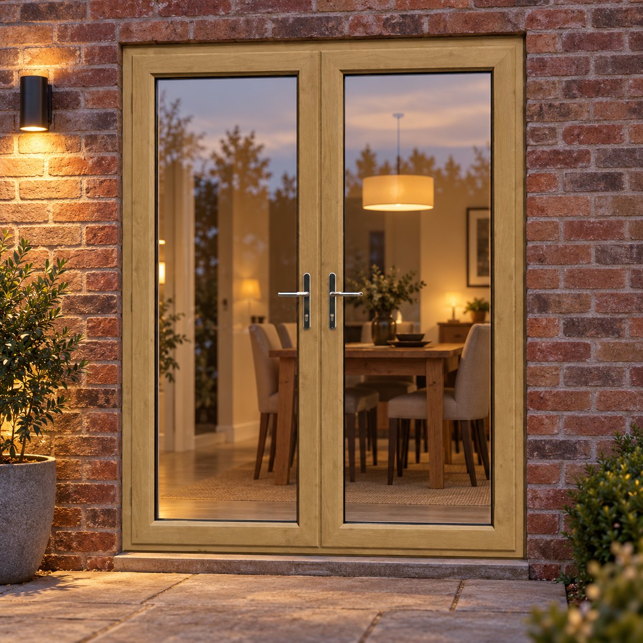 Irish Oak uPVC French Doors lit up in the evening