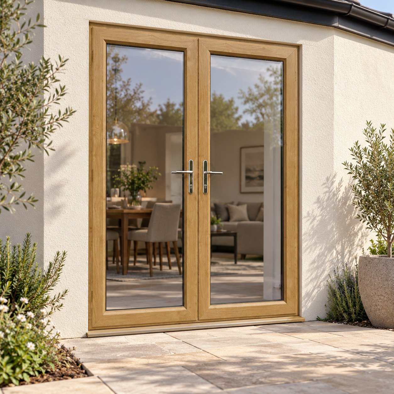 Irish Oak uPVC French Doors on a rendered house