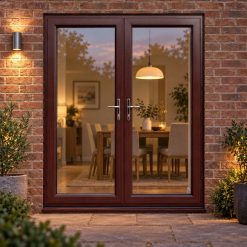 Rosewood uPVC French Doors lit up in the evening