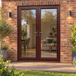 Rosewood uPVC French Doors opening onto garden decking
