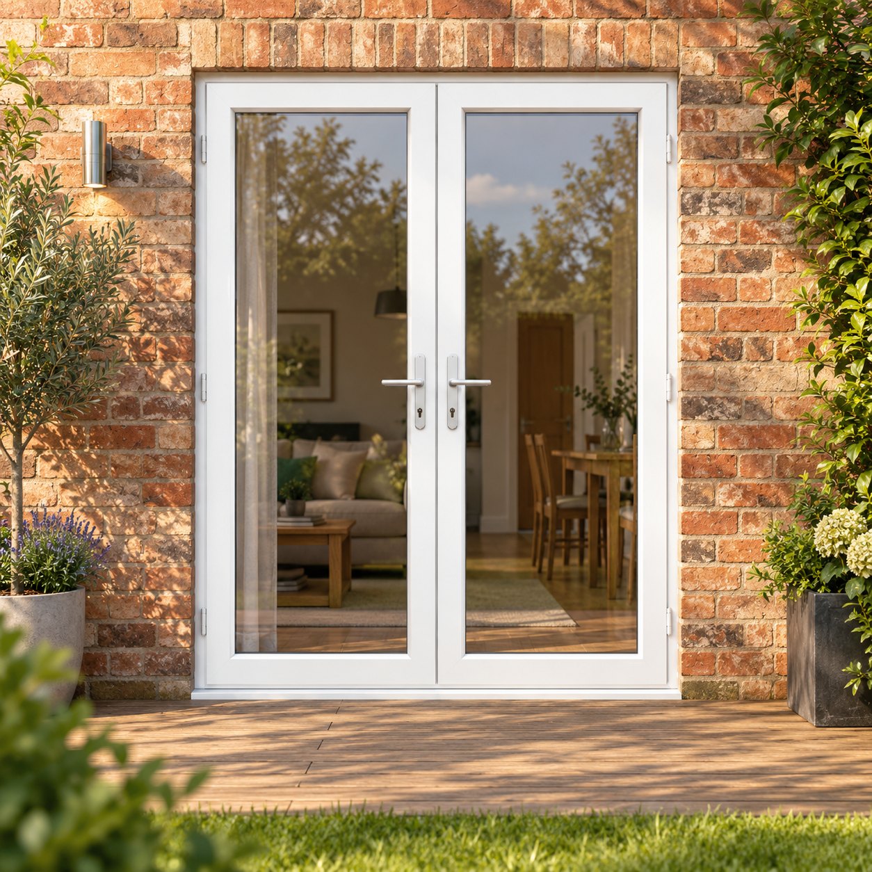 White uPVC French Doors opening onto garden decking