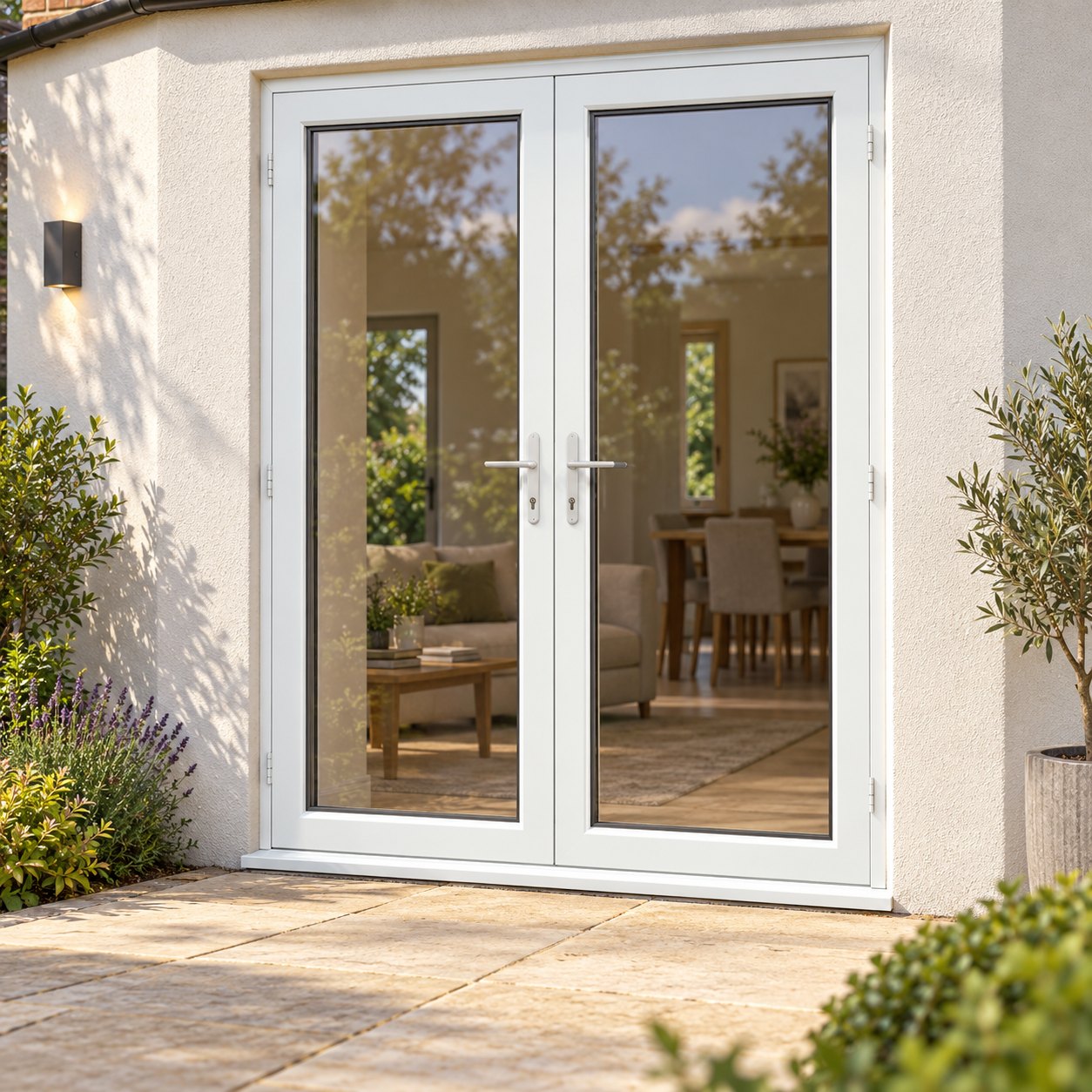White uPVC French Doors on a rendered house