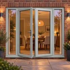 Agate Grey French Doors with Side Panels lit up in the evening