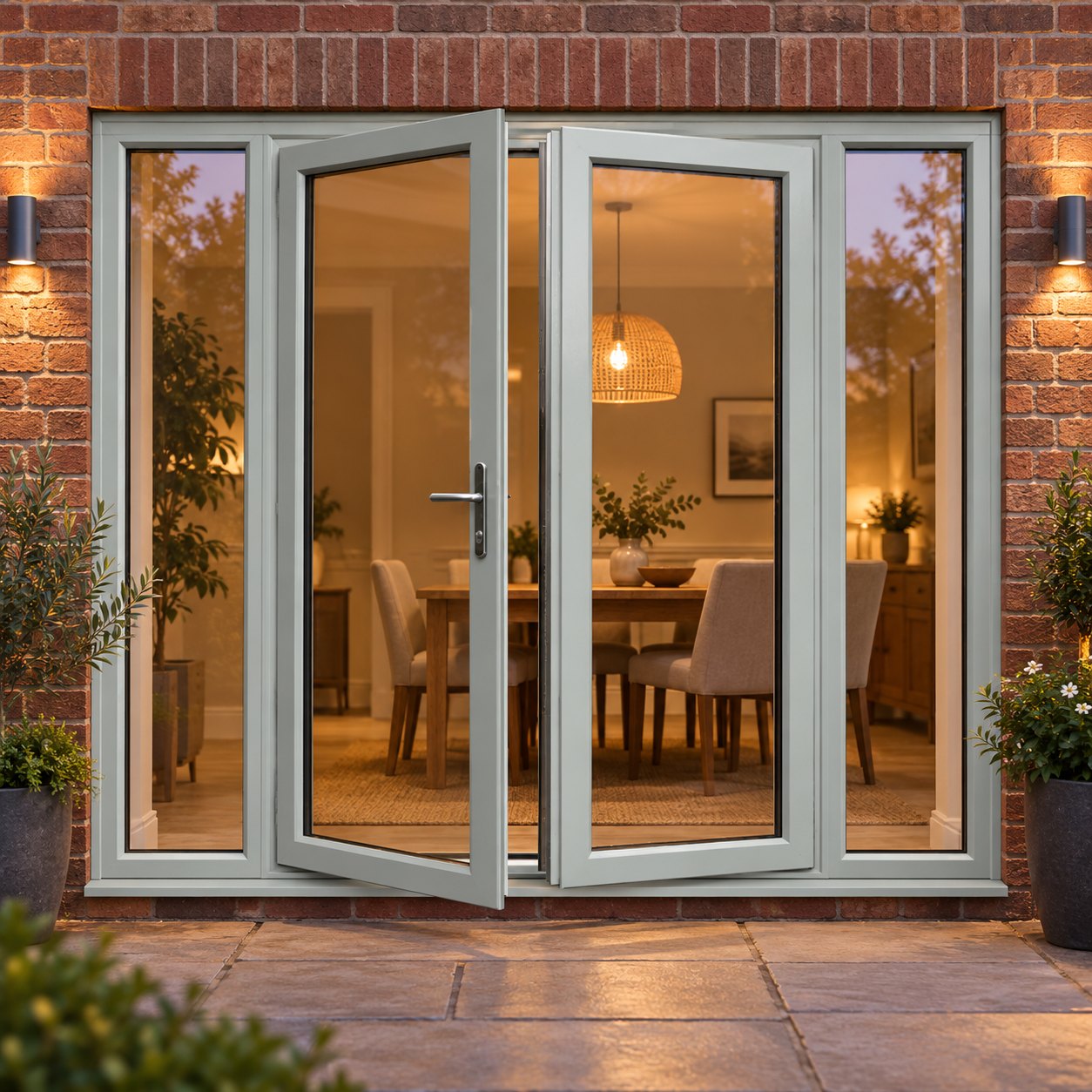 Agate Grey French Doors with Side Panels lit up in the evening