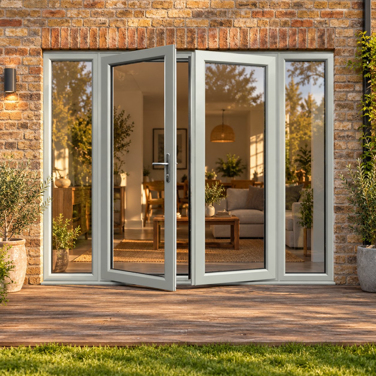 Agate Grey French Doors with Side Panels opening onto garden decking
