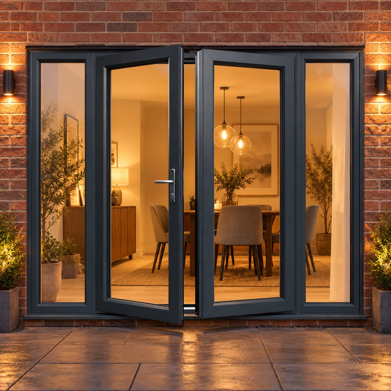 Anthracite Grey French Doors with Side Panels lit up in the evening