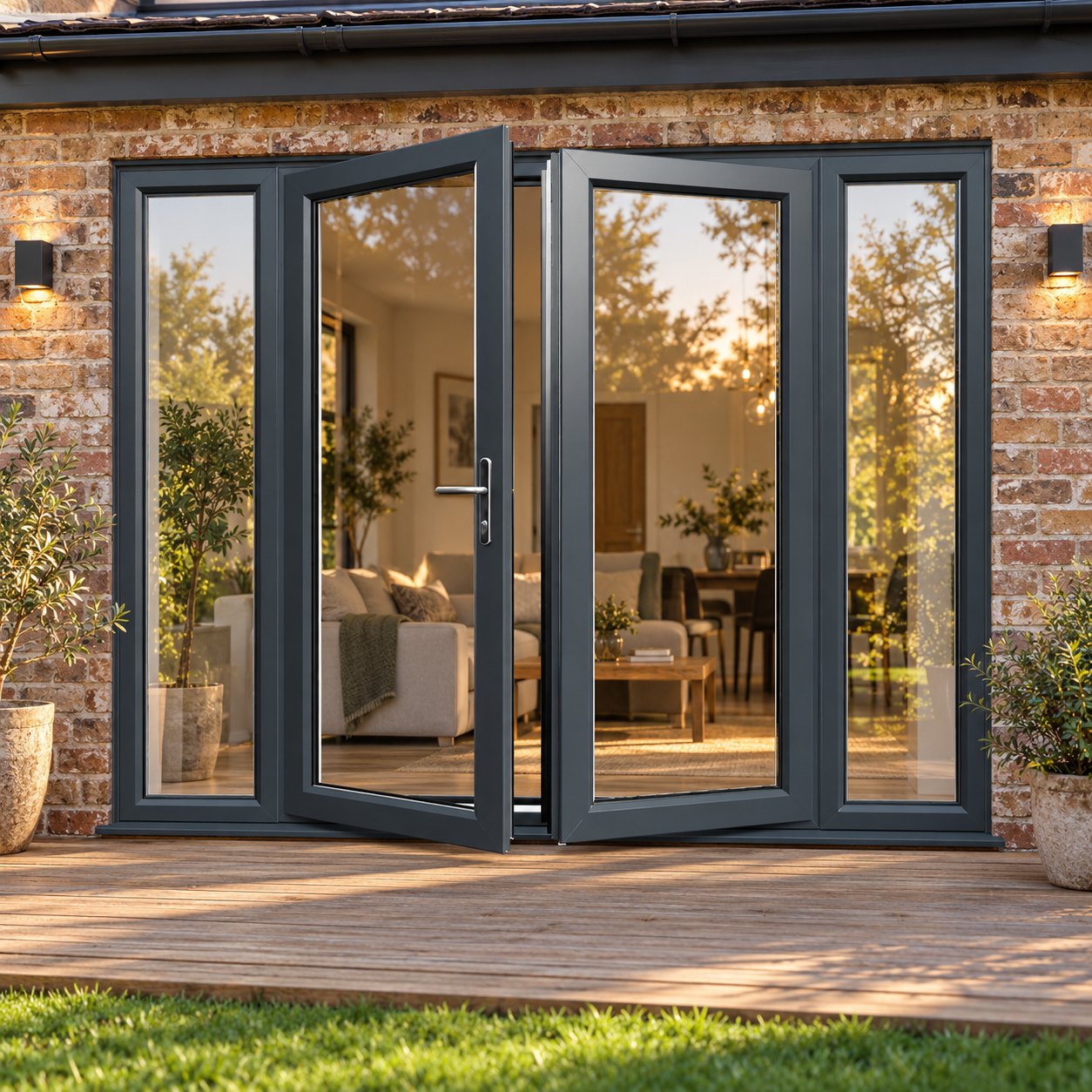 Anthracite Grey French Doors with Side Panels opening onto garden decking