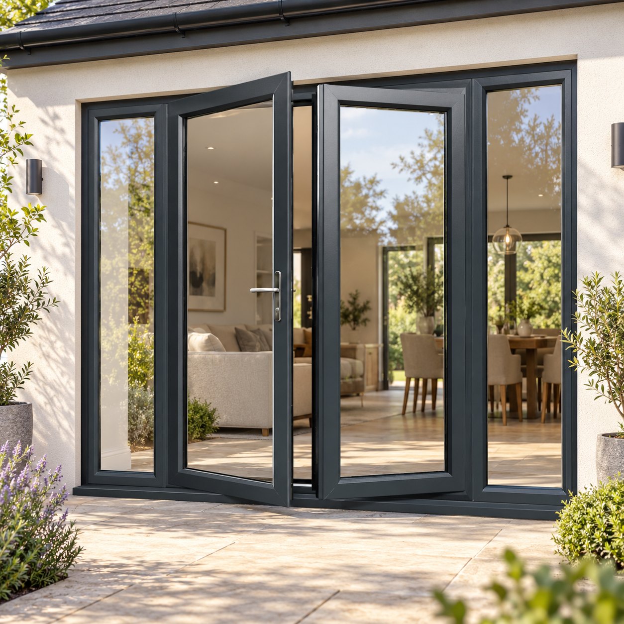 Anthracite Grey French Doors with Side Panels on a rendered house