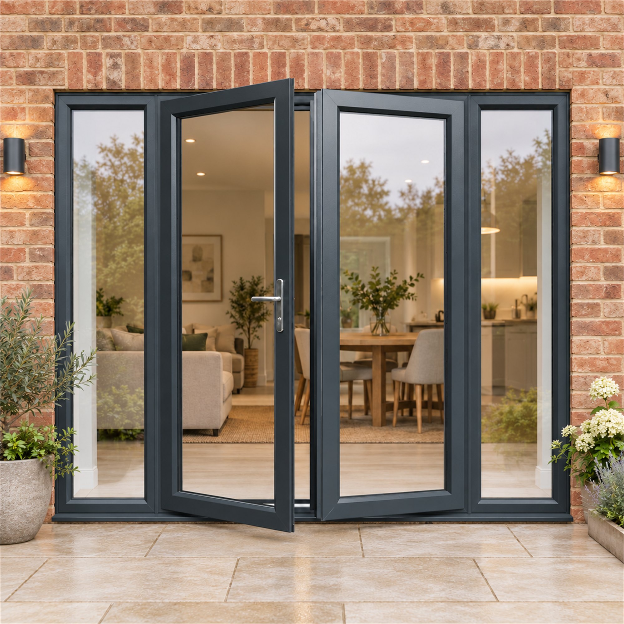 Anthracite Grey French Doors with Side Panels fitted to the back of a house