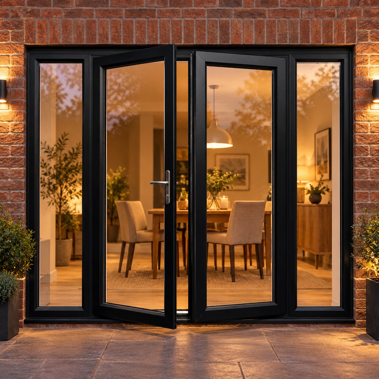 Black French Doors with Side Panels lit up in the evening
