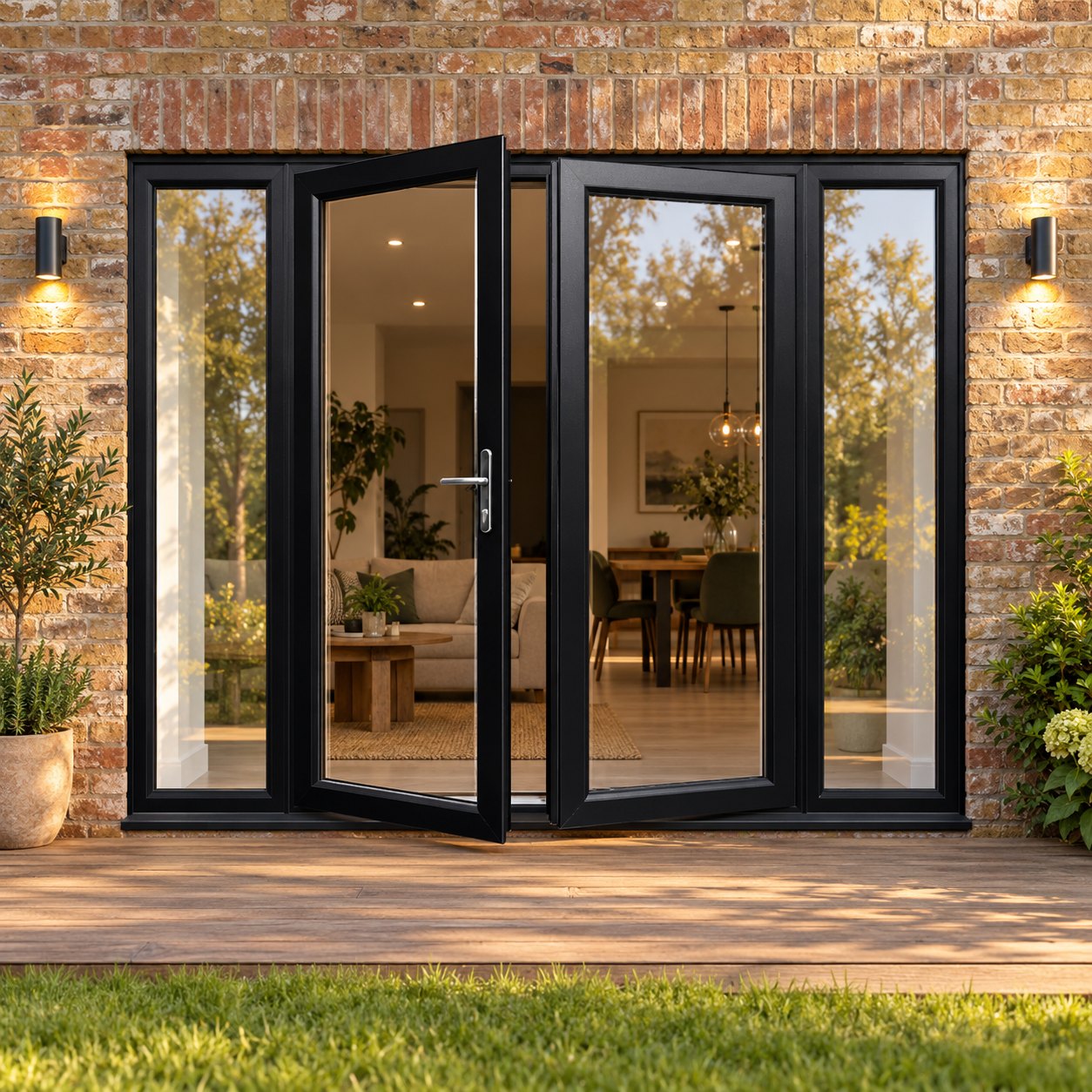 Black French Doors with Side Panels opening onto garden decking