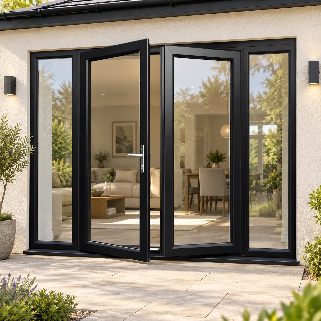 Black French Doors with Side Panels on a rendered house