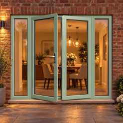 Chartwell Green French Doors with Side Panels lit up in the evening