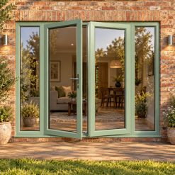 Chartwell Green French Doors with Side Panels opening onto garden decking