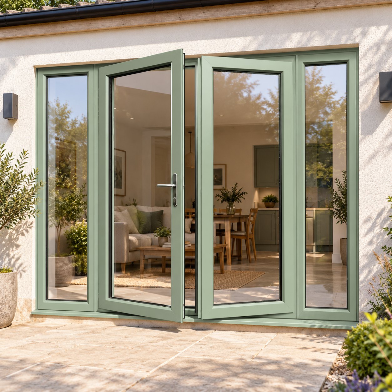Chartwell Green French Doors with Side Panels on a rendered house