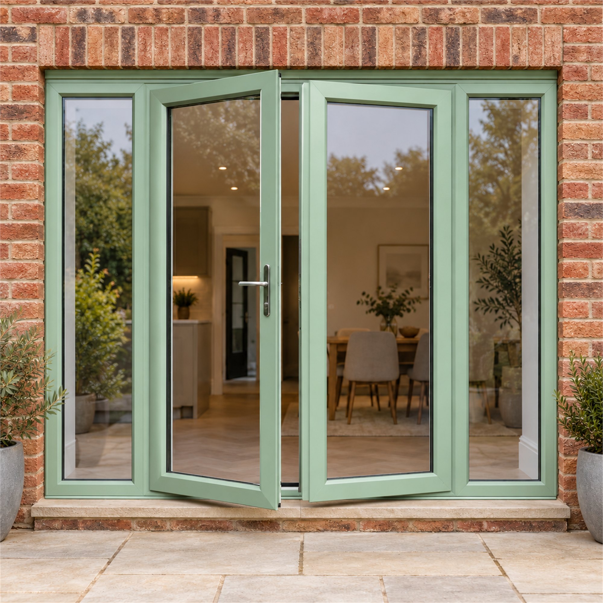 Chartwell Green French Doors with Side Panels fitted to the back of a house